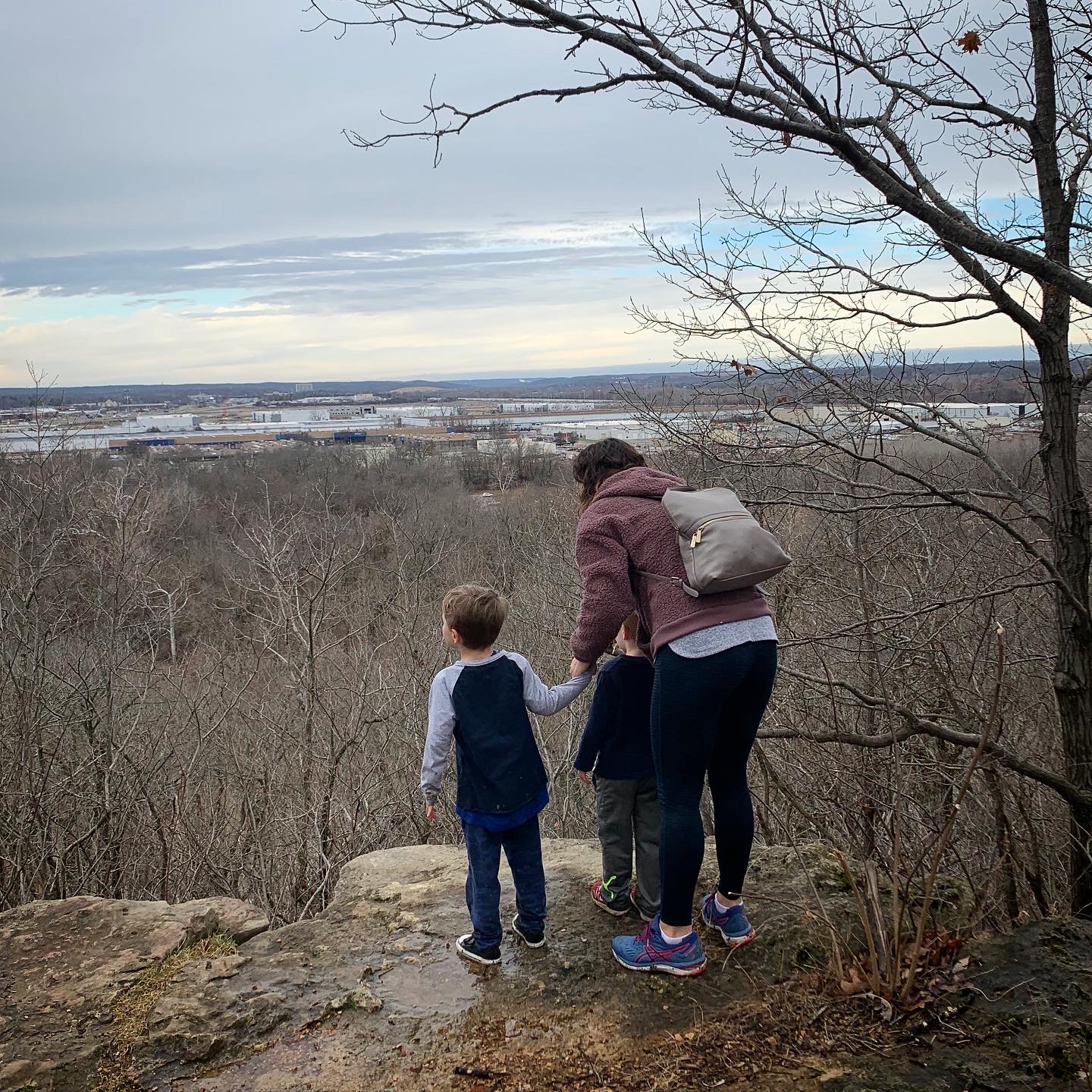 A mom taking a hike with her two boys as she holds their hands by a cliff.