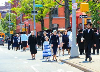 a Jewish neighborhood where people are walking to temple on Sabbath