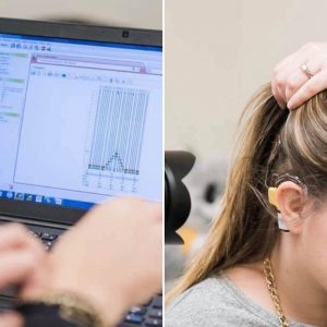 a split screen image of a computer screen monitoring hearing and a woman wearing a cochlear implant