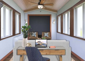 a sunroom turned into a home office with the help of an online design service