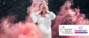 Heartland Women's Healthcare logo with a picture of a woman covering her face at a gender reveal party as pink smoke swirls around her revealing her baby's gender