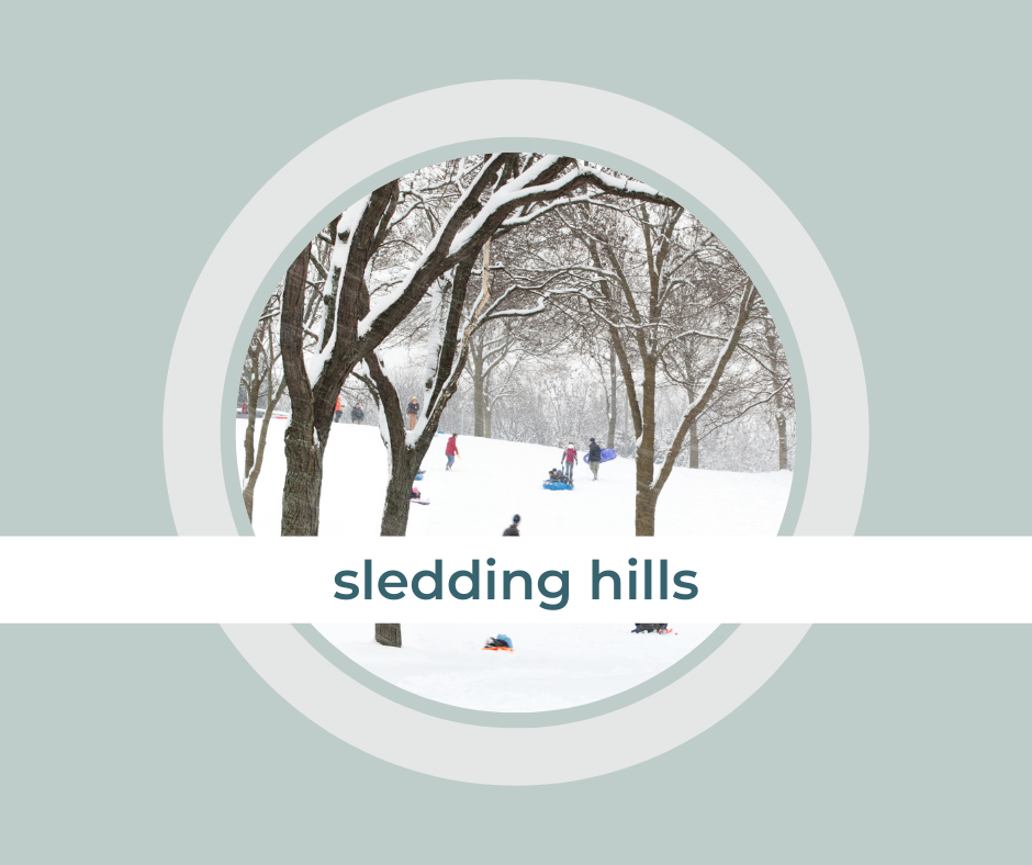 a winter scene with snow-covered trees and the header “sledding hills"