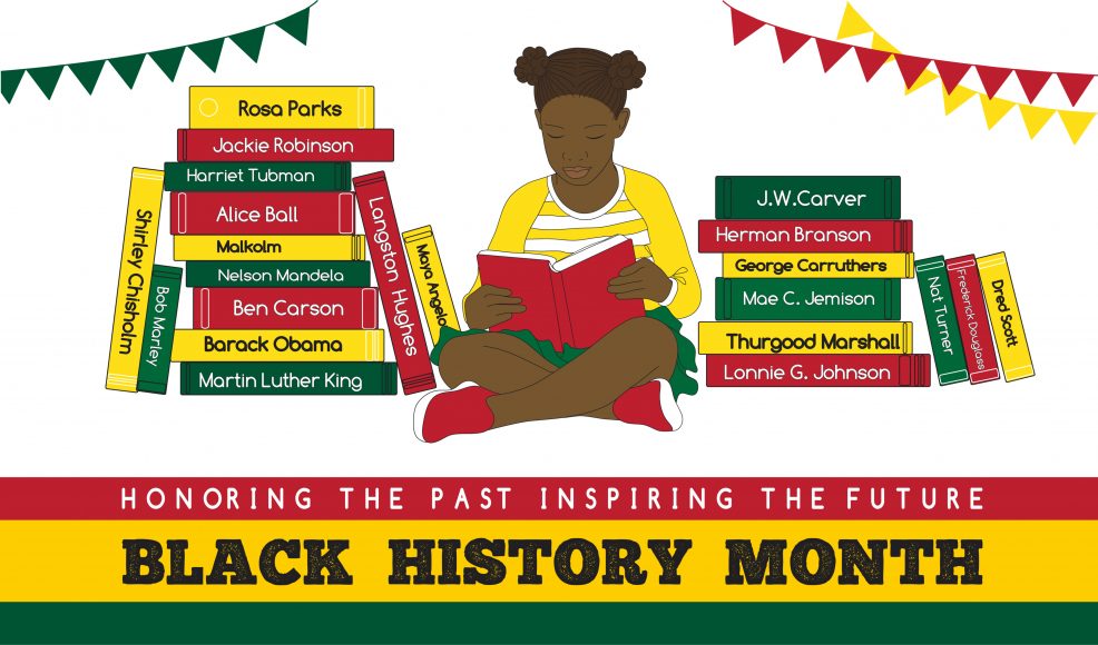a banner that says, "Black History Month" in black letters on a red, yellow, and green background along with the picture of an African American girl reading books about heroes in Black history