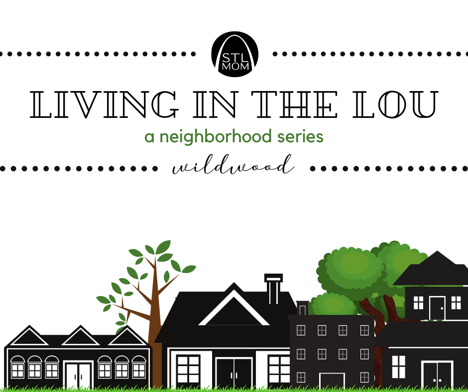 a sketch of a neighborhood street, with a header along the top reading, "Living in the Lou, a neighborhood series" with the town "Wildwood" underneath