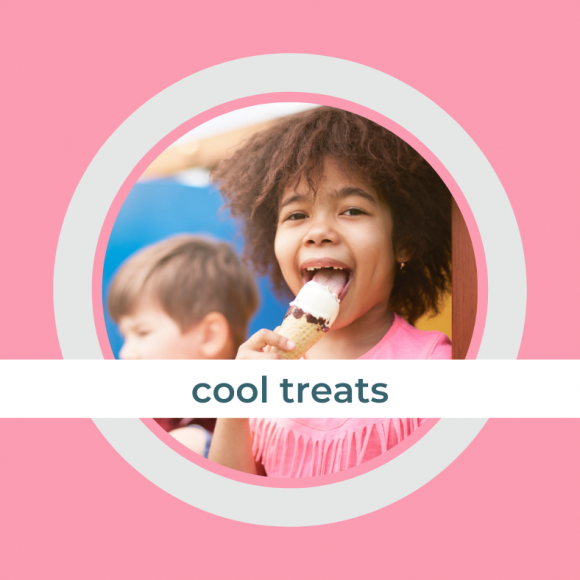 a little girl eating an ice cream cone with the title: cool treats