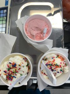 vanilla frozen yogurt with sprinkles on a counter at Sweet Caroline’s in Overland Park, Kansas