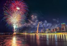 fireworks over the Mississippi River and the St. Louis arch at Fair St. Louis