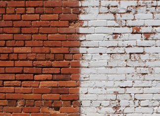 A brick wall. Left half of the image is red brick, right half is painted white.