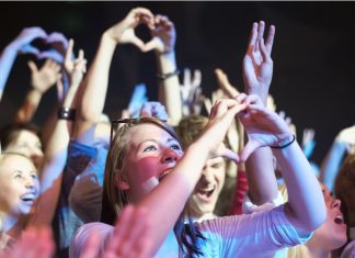 an adoring crowd of fans making hearts with their hands for the musicians on stage