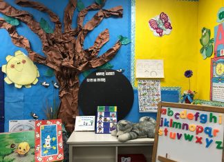 an elementary classroom, with charts on the wall, magnetic alphabet letters on an easel, and a tree on the wall made from craft paper
