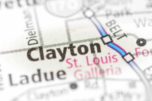 a close up of a map highlighting Clayton, Missouri in the St. Louis area