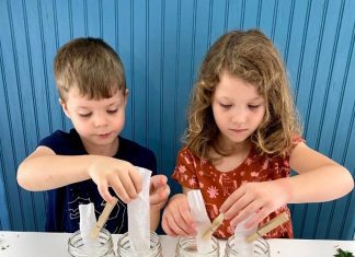 a boy and a girl conducting science activities with leaves using four mason jars with leaves in them and strips of coffee filters