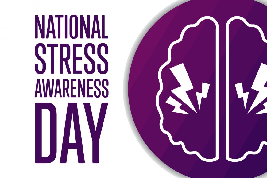 a purple image of a brain with white lightning bolts inside of it with the words, “National Stress Awareness Day"