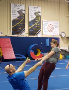 a dad and daughter playing at Hi NRG Gymnastics in Chesterfield, MO