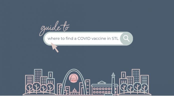 A St. Louis skyline sketch with the words, Guide to where to find a COVID Vaccine in St. Louis