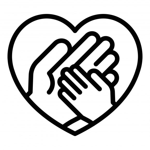 a black and white outline of a mom’s hand holding a child’s hand inside of a heart