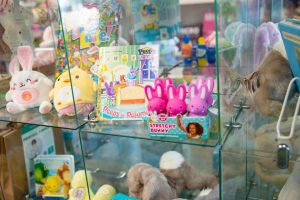 a shelf of easter toys and candy at Imagination Toys in St. Louis, MO