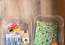 activity boxes filled with toys and crafts to occupy kids when you’re busy and to help calm the chaos