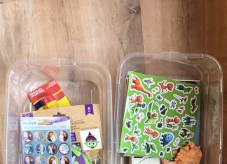 activity boxes filled with toys and crafts to occupy kids when you’re busy and to help calm the chaos
