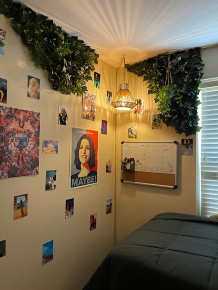 a corner in a dorm room with a hanging light and posters and pictures on the wall