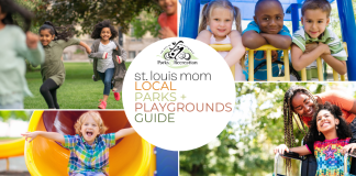 various pictures of kids playing at parks and playgrounds, with the title, “St. Louis Mom Local Parks and Playgrounds Guide” in the middle
